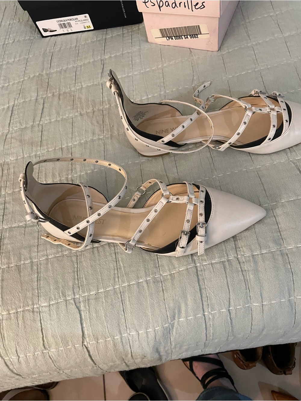 LAST CALL Nine West Cream with black trim Pointed-Toe Studded Strappy Slingback